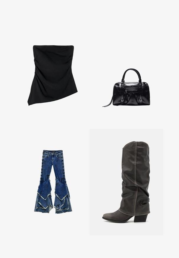 Haut bustier noir avec ourlet asymétrique et détails subtils froncés sur les côtés, conçu pour une silhouette ajustée.; Jean en denim bleu à pattes d'éléphant avec une conception de volants superposés, présentant des détails lacés noirs sur les côtés et des bords effilochés.; Bottines en cuir gris hauteur mollet avec un design décontracté, bout pointu et talon empilé. Détails de couture remarquables sur la zone des orteils.; Sac à main en cuir noir brillant avec deux poignées, poche zippée à l'avant, détails avec boucle et bandoulière pour poignet sur fond blanc.