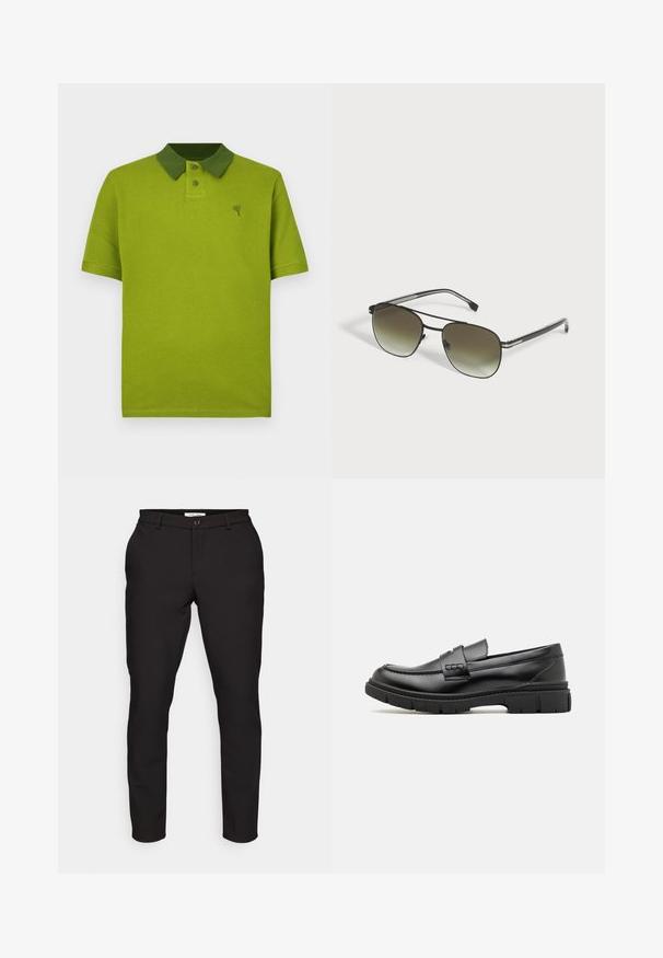 Polo vert texturé avec un col d'un vert plus foncé contrastant, une patte de boutonnage à deux boutons et un petit logo sur la poitrine.; Pantalons noirs ajustés avec une coupe slim. Comprend une fermeture à glissière, un bouton, des poches latérales et un tissu lisse et léger.; Mocassin en cuir noir avec une large sangle sur le devant, semelle en caoutchouc à épaisse rainure, et texture lisse. Design classique et élégant.; Lunettes de soleil aviateur en métal noir avec verres foncés dégradés sur fond blanc.