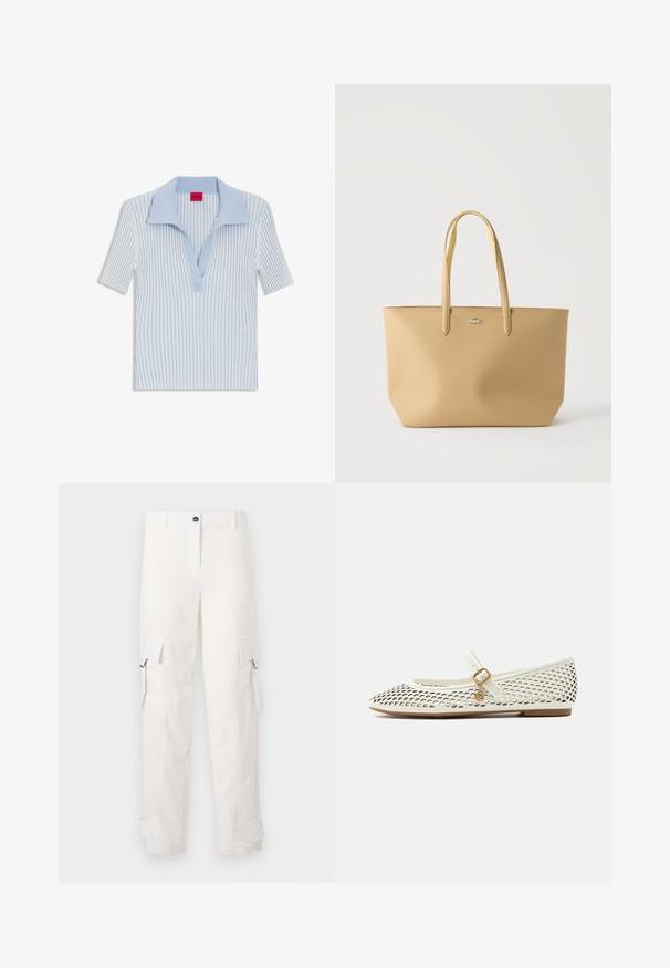 Polo tricoté bleu clair à manches courtes avec de fines rayures blanches verticales et une étiquette rouge Hugo à l'intérieur du col.; Pantalons cargo blancs en coton, avec poches latérales, passants de ceinture et ourlets retroussés. Le design comprend une coupe droite et une fermeture à bouton.; Chaussure plate blanche pour femme avec découpes en forme de diamant, bride Mary Jane avec boucle dorée et petit pendentif rond, semelle couleur beige, vue de côté.; Sac fourre-tout beige texturé avec deux poignées et un petit logo crocodile argenté centré près du bord supérieur.