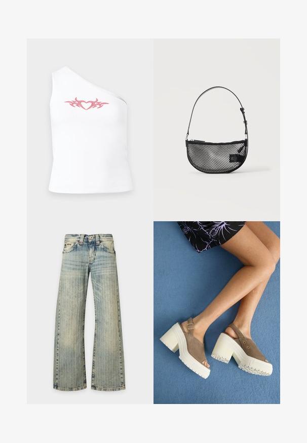 Top blanco asimétrico sin mangas que presenta un diseño de corazón tribal en rosa a través del pecho; hecho de una suave tela de algodón elástico.; Vaqueros de mezclilla azul claro con un patrón de rayas verticales descoloridas, bolsillos delanteros, cierre de botones y piernas anchas y rectas.; Sandalias de plataforma de ante marrón con tacones gruesos blancos, que presentan una correa de tobillo ajustable y acentos dorados. Suela de goma texturizada para un buen agarre.; Bolso de malla negra en forma de media luna con una correa corta ajustable de cuero y cierre de cremallera sobre un fondo claro y liso.