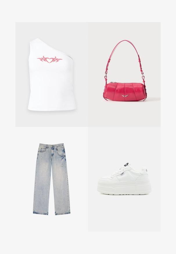 Asymmetrisk hvid ærmeløs top med et pink tribal hjerte-design over brystet; lavet af blødt, strækbart bomuldsstof.; Lysblå denimjeans med lige ben-design, der har slidte detaljer, fem lommer og synlige sømdetaljer.; Hvide platform sneakers med en glat syntetisk overflade, rund tå, polstret krave og tekstureret sål. Har et kontrasterende logo-tag.; Lille skinnende lyserød skuldertaske i læder med sølv vingeemblem og justerbar rem, lynlåslukning øverst, vist på hvid baggrund.