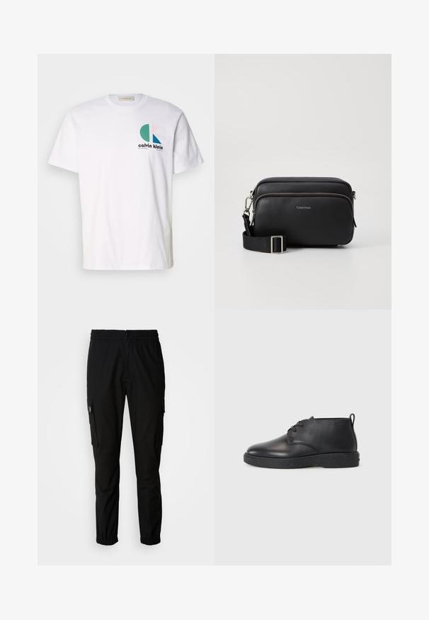 Camiseta blanca de algodón con un diseño gráfico multicolor que presenta formas circulares y el logo de "Calvin Klein" en la parte frontal. Mangas cortas, cuello redondo.; Pantalones cargo negros de tela, con cintura elástica, cierre de botón y múltiples bolsillos laterales con solapas.; Botas de tobillo de cuero negro con textura suave, punta redondeada y suela de goma negra. Cuentan con un diseño de cordones y un tirador en el talón para facilitar su uso.; Bolso bandolera de cuero negro con dos compartimentos con cremallera, acabado texturizado, correa ajustable y acentos de hardware en plata. Logo de Calvin Klein exhibido.