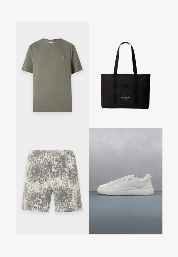 T-shirt en coton vert olive avec un col rond, des manches courtes et un petit logo blanc sur la poitrine. Design simple et épuré.; Shorts en tricot crème et noir avec un motif texturé et abstrait. La taille élastique offre confort et facilité d'enfilage.; Sneaker blanche avec une finition en cuir lisse, bout rond, quatre œillets, perforations subtiles et un détail de logo rouge sur le côté.; Sac cabas noir Calvin Klein avec deux longues poignées et une poche avant, avec le logo de la marque en blanc et gris.