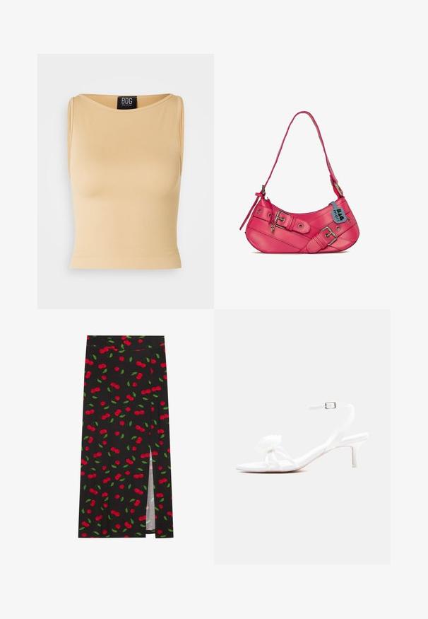 Beige, riflet ærmeløs crop top med rund halsudskæring og en tætsiddende silhuet. Materialet ser glat og strækbart ud. Etiket synlig ved halsudskæringen.; Sort nederdel med et kirsebærprint, der viser røde kirsebær og grønne blade. Indeholder en sidesplit for ekstra designfunktion.; Hvid sandal med stropper, lav lille hæl, ankelrem med spænde og en dekorativ blomst på den forreste rem.; Pink læder håndtaske med en buet form, der har en justerbar skulderrem, to spænde-accenter og et lille blåt mærke hængende.