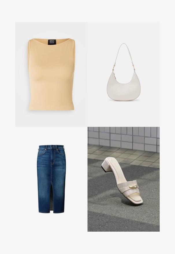 Beiger, gerippter ärmelloser Crop-Top mit rundem Ausschnitt und taillierter Silhouette. Das Material wirkt glatt und dehnbar. Etikett am Ausschnitt sichtbar.; Dunkelblauer Jeans-Midirock mit vorderem Schlitz, Knopfverschluss, Gürtelschlaufen und Fronttaschen.; Einzelne beige Sandale mit Absatz und einem goldfarbenen Dekorelement auf einer strukturierten Asphaltoberfläche in der Nähe einer gefliesten Wand.; Cremfarbene Leder-Schultertasche mit einer Halbmondform, dünnem Schulterriemen und subtilen Stichdetails. Minimalistisches Design mit goldfarbenen Hardware-Akzenten.