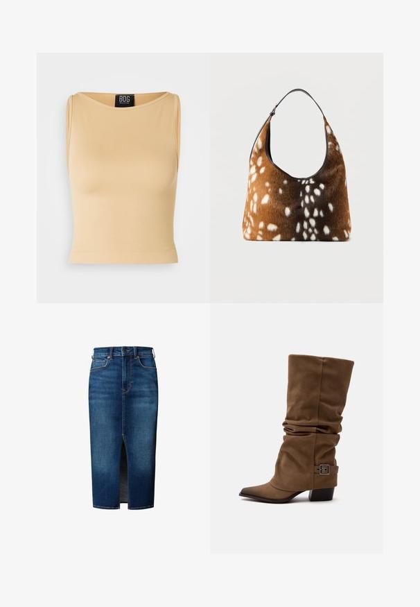 Μπεζ, ριγέ αμάνικο crop top με στρογγυλή λαιμόκοψη και εφαρμοστή σιλουέτα. Το υλικό φαίνεται λείο και ελαστικό. Η ετικέτα είναι ορατή στη λαιμόκοψη.; Μίντι φούστα από σκούρο μπλε τζιν με εμπρόσθια σχισμή, κλείσιμο με κουμπιά, θηλιές για ζώνη και μπροστινές τσέπες.; Καφέ χαλαρή μπότα μέχρι τη μέση της γάμπας με μυτερή μύτη, χαμηλό χοντρό τακούνι και διακοσμητικό λουράκι με αγκράφα κοντά στον αστράγαλο σε λευκό φόντο.; Καφέ και μαύρη τσάντα με υφή λευκής γούνας με κηλίδες και έναν μόνο μαύρο ιμάντα ώμου σε απλό φόντο.