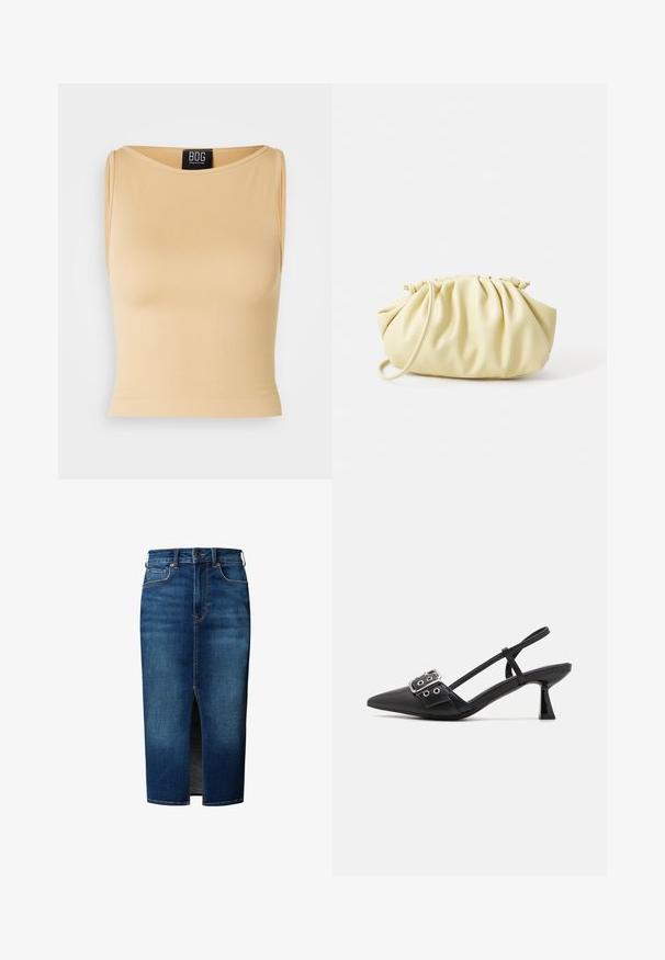 Beiger, gerippter ärmelloser Crop-Top mit rundem Ausschnitt und taillierter Silhouette. Das Material wirkt glatt und dehnbar. Etikett am Ausschnitt sichtbar.; Dunkelblauer Jeans-Midirock mit vorderem Schlitz, Knopfverschluss, Gürtelschlaufen und Fronttaschen.; Simmi London DALA - Pumps - black; Gelbe, gefaltete Handtasche aus glattem Kunstleder mit weicher Form, einzigem Schulterriemen und gerafftem Oberteil.