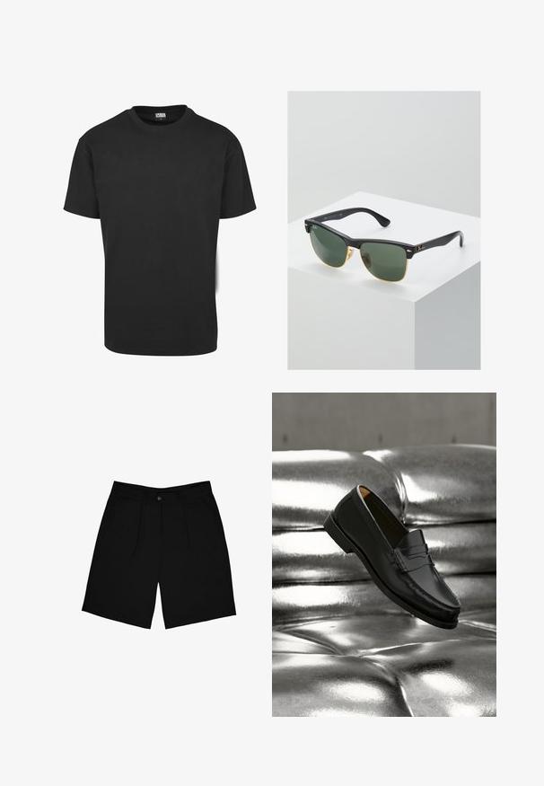 Sort bomuld t-shirt med korte ærmer, rund halsudskæring og almindelig pasform. Stoffet fremstår glat og uden pynt.; Sorte shorts lavet af stof med en glat tekstur, der har en frontknaplukning, to sidelommer og et plisseret design.; Sort læderloafer svæver over en skinnende sølvfarvet, polstret lædersofa i et minimalistisk miljø.; Ray-Ban solbriller med grønne linser, sorte plastikstel og gyldne detaljer ved kanterne. Firkantet form med mat finish.
