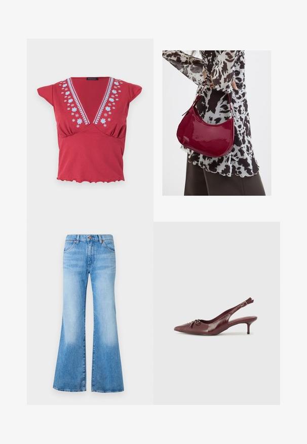 Rotes Kurzarm-Top mit tiefem V-Ausschnitt, blauer Blumenstickerei entlang des Halsausschnitts und Rüschensaum vor weißem Hintergrund.; Hellblaue Schlagjeans mit hoher Taille, aus Denim gefertigt. Verfügt über zwei Vorderaschen und Metallknopf-Akzente. Ausgewaschene Textur auf dem Stoff.; Bordeauxfarbene Leder-Slingback-Pumps mit spitzem Zehenbereich, verstellbarem Riemen und dekorativem Schleifchen vorne. Absatzhöhe von 7,5 cm.; Frau trägt eine schwarz-weiß gemusterte Bluse und hält eine glänzende rote Schultertasche vor einem einfarbigen Hintergrund.