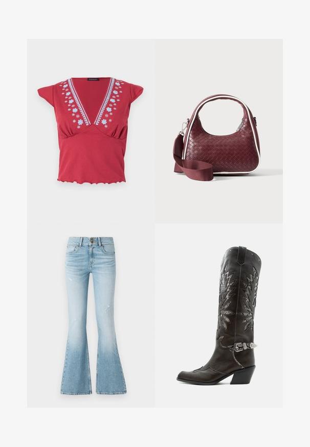 Rood topje met korte mouwen en een diepe V-hals, blauwe bloemenborduursel langs de halslijn en een geplooide zoom tegen een witte achtergrond.; Lichtblauwe denim flared jeans met een hoge taille, met subtiele slijtage, een sluiting met twee knopen en een klassiek vijf-pocket ontwerp.; Zwarte leren cowboylaars met decoratieve uitsnijdingen, zilveren gesp en schuine hak, weergegeven op een witte achtergrond.; Donkerrode geweven leren handtas met gebogen handvat, witte bies, zilveren rits en afneembare brede stoffen schouderriem tegen een effen achtergrond.