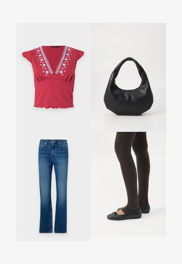 Haut rouge à manches courtes avec un col en V profond, broderie florale bleue le long du col et ourlet volanté sur fond blanc.; Jeans en denim bleu évasés avec un design à cinq poches, braguette zippée et texture délavée. Comprend des accents de couture et une taille standard.; Jambes portant des leggings côtelés foncés associés à des ballerines noires avec de petits détails en nœud sur fond blanc.; Sac à main tissé noir avec une poignée courbée, présentant une surface texturée et une forme décontractée. Fini lisse avec une silhouette organique.