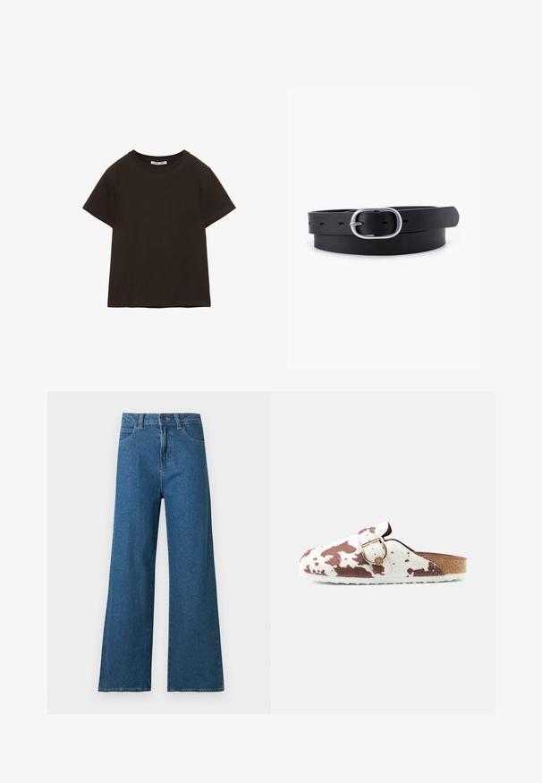 T-shirt noir uni à manches courtes et col rond, posé à plat, avec étiquette de col visible.; Jean denim bleu à jambes larges avec fermeture avant à boutons et zip, et design classique à cinq poches sur fond blanc.; Sabot à enfiler avec motif peau de vache blanc et marron, doté d'une boucle dorée et d'une semelle en liège avec semelle blanche.; Ceinture en cuir noir au toucher lisse, boucle en métal argenté de forme ovale et plusieurs trous d'ajustement le long de la sangle. Design plat et minimal.