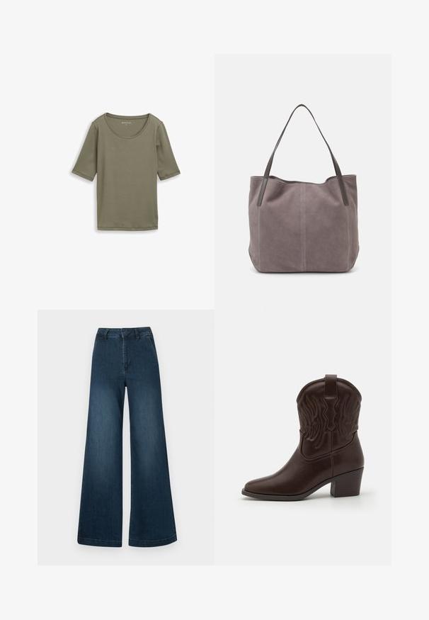 Effen olijfgroene T-shirt met korte mouwen en ronde hals, weergegeven op een witte achtergrond.; Donkerblauwe hoge taille wijde spijkerbroek met front pockets en riemlussen op een witte achtergrond.; Bruine leren cowboylaarzen met spitse neuzen, geperste vleugelpatronen, een blokhak van gemiddelde hoogte en een lus aan de achterkant.; Grijze suède tote bag met twee donkere leren hengsels. Kenmerkt zich door gestikte details aan de zijkanten, een zachte textuur en een ruime opening.