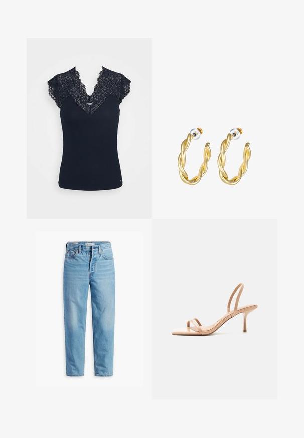 Haut sans manches noir avec une texture côtelée, présentant un col en dentelle et des accents d'épaule, ainsi qu'une découpe en V. Design simple et ajusté.; Jean en denim bleu clair taille haute, coupe droite, braguette à boutons et design à cinq poches, présenté à plat sur fond blanc.; Sandale beige à talon haut avec fines lanières sur les orteils et autour du talon, avec un bout carré et un talon aiguille fin, sur fond blanc.; Boucles d'oreilles créoles dorées torsadées avec une surface lisse, présentant un dos transparent et une quincaillerie dorée.