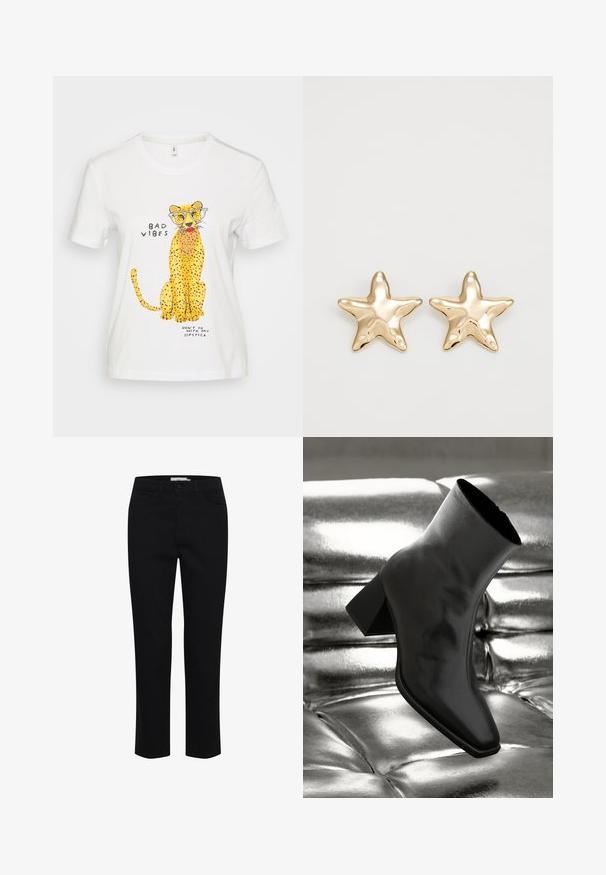 Witte katoenen t-shirt met een cartoonjachtluipaard met een bril, gele vlekken en speelse tekst: "SLECHTE VIBES" en "GA NIET MET MIJN LIPSTIFT ME.”; Zwarte katoenen broek, ontworpen met een rechte snit. Beschikt over vijf zakken en een sluiting met een knoop aan de voorkant. Soepele textuur, minimale stikdetails.; Zwarte enkellaarsjes van glanzend materiaal met een vierkante neus en taps toelopende hak, afgezet tegen een glanzende zilveren gecapitonneerde achtergrond.; Gouden stervormige oorbellen met een gladde, glanzende afwerking en een driedimensionaal ontwerp, met vijf punten en een licht gebogen textuur.