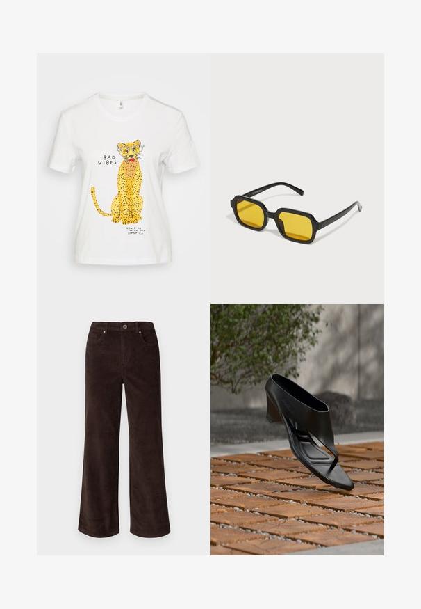 Witte katoenen t-shirt met een cartoonjachtluipaard met een bril, gele vlekken en speelse tekst: "SLECHTE VIBES" en "GA NIET MET MIJN LIPSTIFT ME.”; Vero Moda Petite VMTESSA PANTS - Broek - chocolate torte; Zwarte sandaal met hoge hak en teenslipperbandje, zwevend boven een patroon van houten en grind buitenoppervlak met vage begroeiing en een muur op de achtergrond.; Zwarte rechthoekige zonnebril met gele lenzen. Kenmerken zijn onder andere dikke monturen en een hoekig ontwerp met een gladde, glanzende afwerking.
