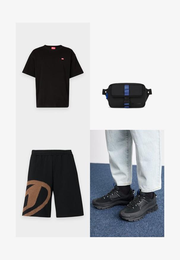 T-shirt en coton noir avec un col rond, des manches courtes et un petit logo Diesel rouge sur la poitrine. Ourlet droit, design minimaliste.; Shorts taille élastique noire avec grand motif abstrait marron sur la jambe gauche et poches latérales.; Des chaussures de sport noires avec un tissu texturé et des semelles en caoutchouc, dotées de lacets élastiques et d'un accent bleu au talon. Portées avec un pantalon en denim clair.; Sac en tissu noir de forme rectangulaire, avec une sangle bleue et un fermoir, une boucle sur le côté et un logo embossé à l'avant.
