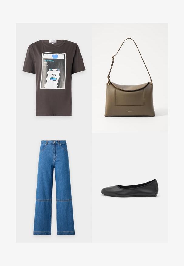 Grafisk t-shirt i mørkegrå bomuld med et farverigt print af en kvindes ansigt med blå læber og et blåt hjerte, rund halsudskæring og korte ærmer.; Bredde ben jeans i blå denim med høj talje, der har dobbelt stikning ved knæene og en tekstureret stofoverflade.; Sort læderballetsko med rund tå, glat tekstur, minimal syning og et fleksibelt såldesign.; Olivengrønt læderhåndtaske med en tekstureret overflade, en klaplukning og en justerbar rem. Har en forlommelomme og hardware i guldtoner.
