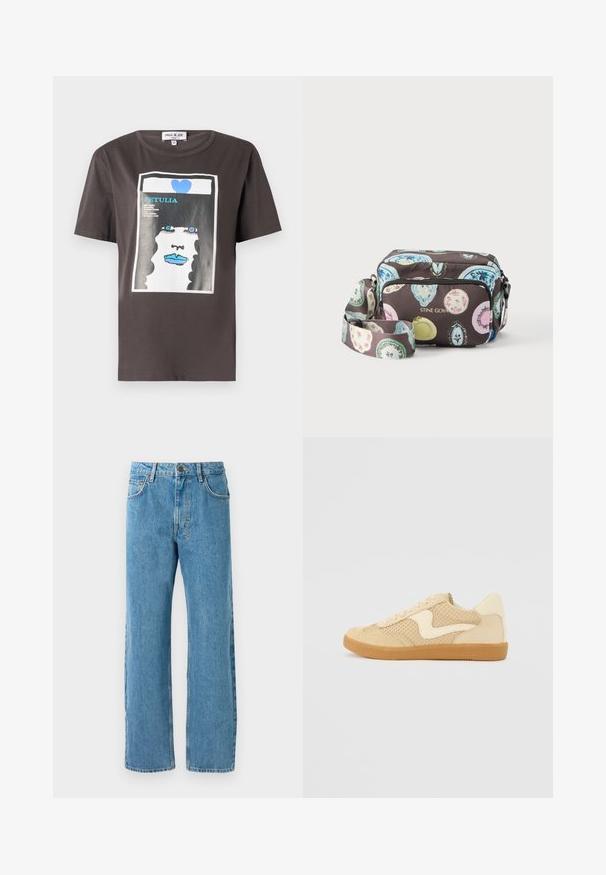 Grafisk t-shirt i mørkegrå bomuld med et farverigt print af en kvindes ansigt med blå læber og et blåt hjerte, rund halsudskæring og korte ærmer.; Lyseblå denimjeans med løs pasform, høj talje, fire lommer og lynlås. Klassisk fem-lomme design.; Beige sneakers med ruskind og mesh-materialer, rund form, fremtrædende polstret krave og en gummikondisko. Har et bølge-design som accent.; Crossbody taske med farverige ovale mønstre på mørk baggrund, front-lynlåslomme og justerbar rem, mærket "STINE GOYA" med guld bogstaver.