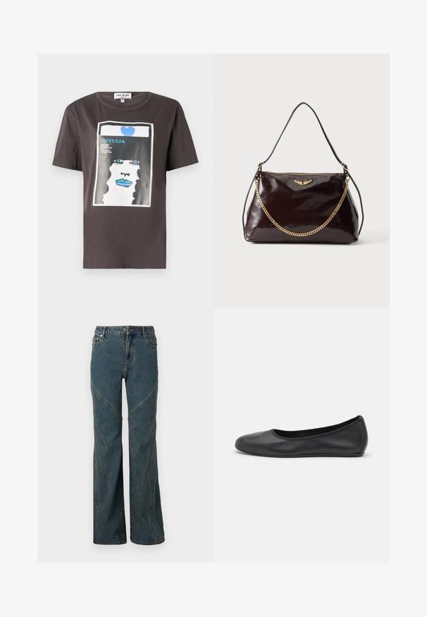 Grafisk t-shirt i mørkegrå bomuld med et farverigt print af en kvindes ansigt med blå læber og et blåt hjerte, rund halsudskæring og korte ærmer.; Blå denim jeans med en vid ben-design, der har buede sømdetaljer og standard fem-lomme stil. Uferdig kant nederst.; Sort læderballetsko med rund tå, glat tekstur, minimal syning og et fleksibelt såldesign.; Mørkebrun blank læderhåndtaske med et gyldent vingeemblem, gyldent kædedetalje og en tynd læder skulderrem på en ensfarvet baggrund.