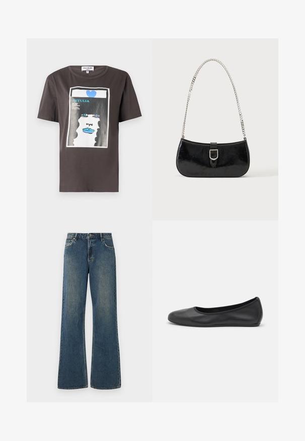 Camiseta gráfica de algodón gris oscuro con un estampado colorido de la cara de una mujer con labios azules y un corazón azul, cuello redondo y mangas cortas.; Jeans de denim de pierna ancha en azul medio con un acabado desgastado. Presenta cinco bolsillos, trabillas para el cinturón y un cierre de botón metálico. Tejido de algodón.; Bailarina de piel negra con punta redondeada, textura suave, detalle de costura minimalista y diseño de suela flexible.; Bolso de hombro de charol negro con detalle de hebilla plateada y correa de cadena plateada, presentado sobre un fondo liso y claro.