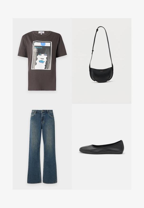 Grafisches T-Shirt aus dunkelgrauer Baumwolle mit einem bunten Druck eines FrauenGesichts, das blaue Lippen und ein blaues Herz zeigt. Rundhalsausschnitt und kurze Ärmel.; Weite jeans aus Denim in mittlerem Blau mit einem gefallenen Finish. Verfügt über fünf Taschen, Gürtelschlaufen und einen Metallknopfverschluss. Baumwollgewebe.; Schwarze Leder-Ballettschuhe mit abgerundeter Spitze, glatter Textur, minimalen Nähdetails und einem flexiblen Sohlen-Design.; Schwarze, halbmondförmige Umhängetasche aus Leder mit verstellbarem Riemen und kleinem goldenem Logo in der Mitte vorne.
