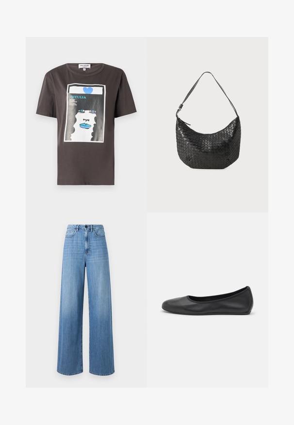 Grafisk t-shirt i mørkegrå bomuld med et farverigt print af en kvindes ansigt med blå læber og et blåt hjerte, rund halsudskæring og korte ærmer.; Lyseblå brede jeans lavet af denim, med høj talje, bælte loops, forlommer og kontraststikninger.; Sort læderballetsko med rund tå, glat tekstur, minimal syning og et fleksibelt såldesign.; Vævet sort læder håndtaske med en buet form, enkelt skulderrem og lynlåslukning. Den teksturerede overflade tilføjer dybde til designet.