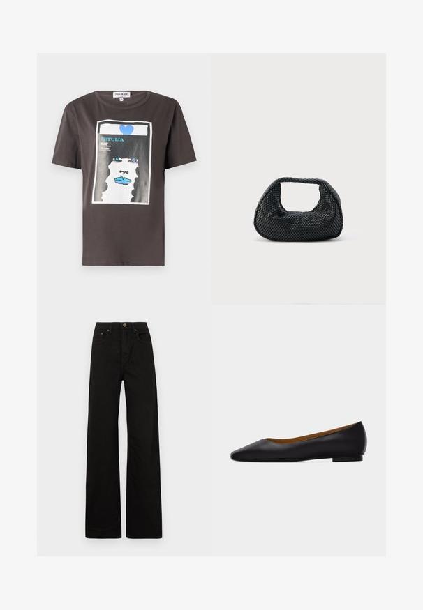 Grafisk t-shirt i mørkegrå bomuld med et farverigt print af en kvindes ansigt med blå læber og et blåt hjerte, rund halsudskæring og korte ærmer.; Sorte breddebenede jeans lavet af solidt stof. Har en frontknaplukning, bælteløkker og to forlommer. Glat, ensartet tekstur.; Sort læder flad sko med spids tå, lav hæl og glat finish, vist fra siden på en lysegrå baggrund.; Sort flettet hobo-taske med blød struktur og integreret håndtag, vist på en ensfarvet lys baggrund.