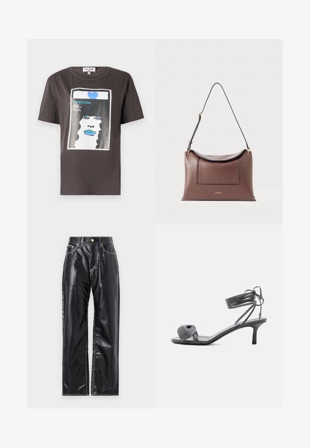 T-shirt graphique en coton gris foncé présentant une impression colorée d'un visage de femme avec des lèvres bleues et un cœur bleu, col rond et manches courtes.; Pantalons en cuir synthétique noirs à coupe large, avec des coutures blanches, des poches avant et un bouton doré à la taille.; Sandale à talon en cuir gris avec une bride nouée sur les orteils et des lacets enroulants autour de la cheville, sur un talon moyen et fin, sur fond blanc.; Sac à main en cuir brun texturé avec un rabat incurvé, de forme horizontale, accents noirs et une longue bandoulière maintenue par des ferrures dorées.