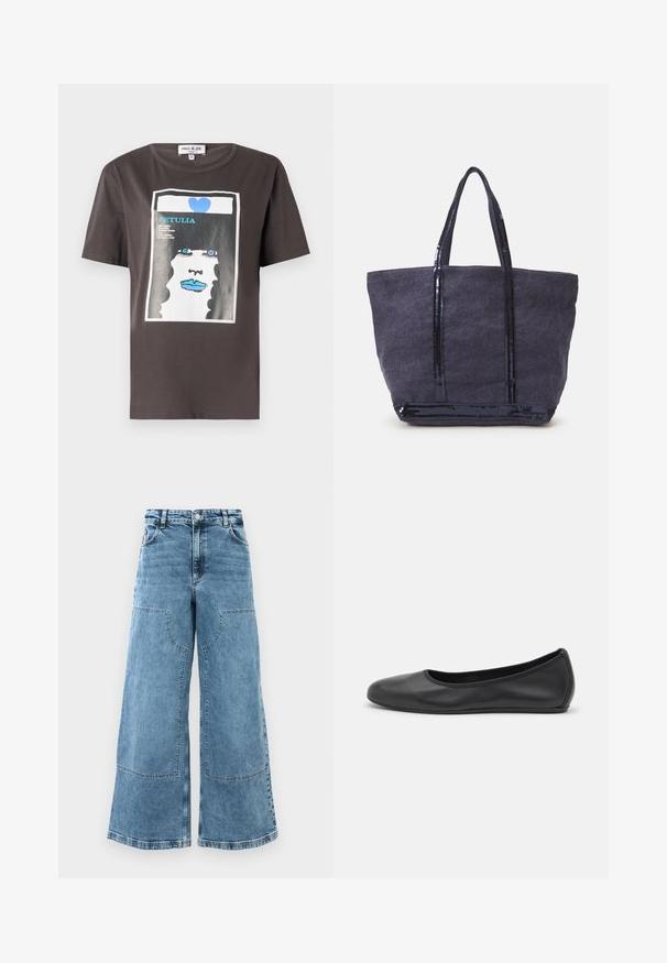 Camiseta gráfica de algodón gris oscuro con un estampado colorido de la cara de una mujer con labios azules y un corazón azul, cuello redondo y mangas cortas.; Jeans de denim celeste de piernas anchas con una cintura alta, grandes bolsillos frontales y costuras visibles. Presenta un diseño clásico de cinco bolsillos.; Bailarina de piel negra con punta redondeada, textura suave, detalle de costura minimalista y diseño de suela flexible.; Vanessa Bruno CABAS - Bolso shopping - denim