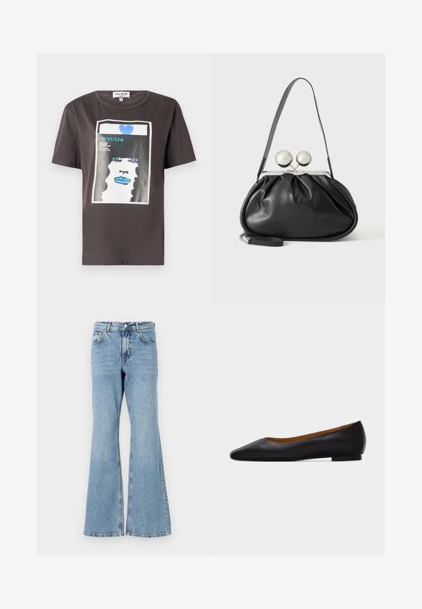 Grafisk t-shirt i mørkegrå bomuld med et farverigt print af en kvindes ansigt med blå læber og et blåt hjerte, rund halsudskæring og korte ærmer.; Lys blå denim flared jeans med høj talje, featuring knaplukning, fem lommer og en falmet vask med subtile whiskers.; Sort læder flad sko med spids tå, lav hæl og glat finish, vist fra siden på en lysegrå baggrund.; Sort læderhåndtaske med opsamlet design, en enkelt rem, sølv metalramme og to store runde sølv lukninger.