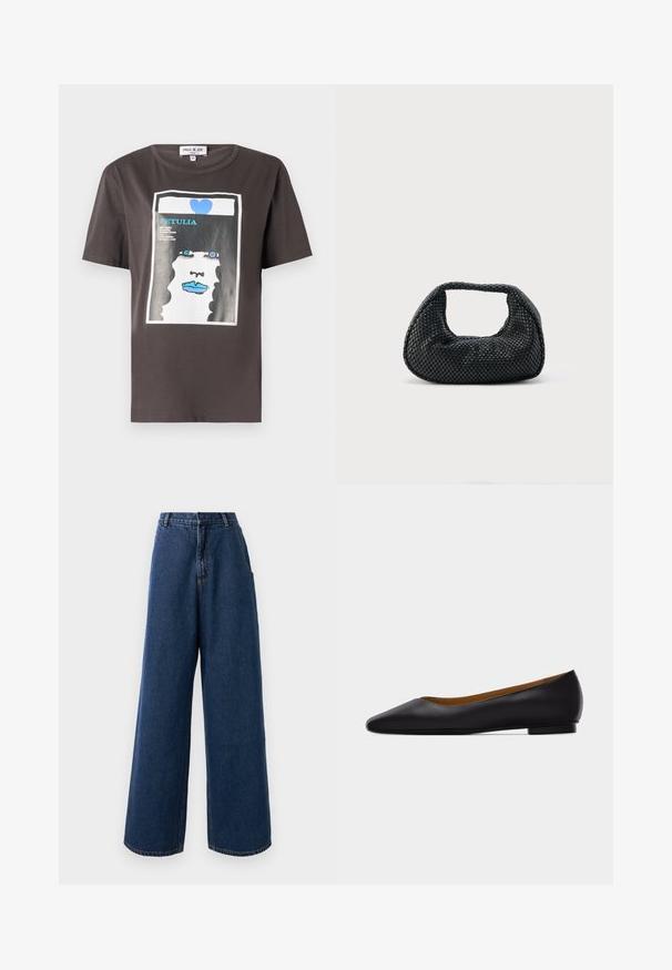 Graphic T-shirt in donkergrijs katoen met een kleurrijke print van een vrouwen gezicht met blauwe lippen en een blauw hart, ronde halslijn en korte mouwen.; Hoge taille wijde jeans in donkerblauwe denim met een sluiting aan de voorkant met knoop en rits, riemlussen en zijzakken.; Zwarte leren puntschoen met lage hak en gladde afwerking, zijaanzicht op een lichtgrijze achtergrond.; Zwarte geweven hobo-tas met een zachte structuur en geïntegreerd handvat, weergegeven op een effen lichte achtergrond.