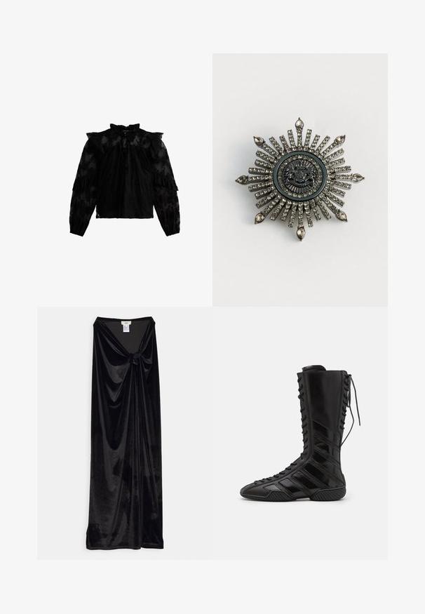 Zwarte kanten blouse met een gerimpelde kraag en mouwen, elastische manchetten en een striksluiting bij de nek. Semi-doorzichtige stof met bloemmotief.; GmbH LONG SKIRT WITH A KNOT - Maxirok - black; Zwarte hoge laarzen van glanzend synthetisch materiaal, met een ingewikkeld vetersluiting ontwerp en diagonale streepaccenten aan de zijkanten.; Stervormige broche van zilverkleurig metaal met transparante rhinestones. Het centrale ontwerp heeft een ronde embleem met complexe details.