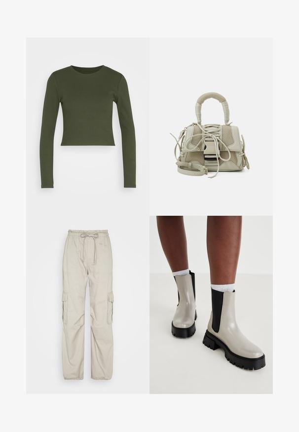 GAP ULTRA CROP RIB TEE - T-shirt à manches longues - khaki; Abercrombie & Fitch TIE WAIST BAGGY PANT - Pantalon cargo - porpoise; Bottines grises et noires avec une finition brillante, panneaux latéraux élastiques, semelle noire épaisse et motif de semelle texturé.; Sac à main beige avec un design en maille texturée, une forme structurée, une poignée supérieure et une sangle amovible ; présente des détails en laçage et des accents en métal.