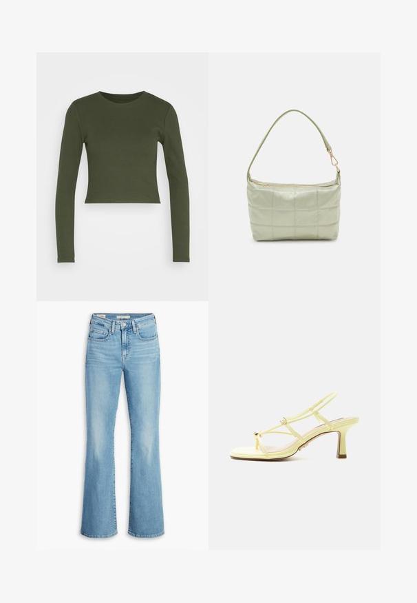 GAP ULTRA CROP RIB TEE - Langærmet T-shirt - khaki; Lyseblå flared jeans i denim med høj talje, fem lommer, diskret falming og en klassisk syet kant. Glat tekstur, afslappet design.; Gul sandal med stropper, justerbar spænde og en mellemhøj, slank hæl på hvid baggrund.; Polstret grøn skuldertaske med blød tekstur, rektangulær form, enkelt strop og lynlås i guldtoner. Har et quiltet mønster.