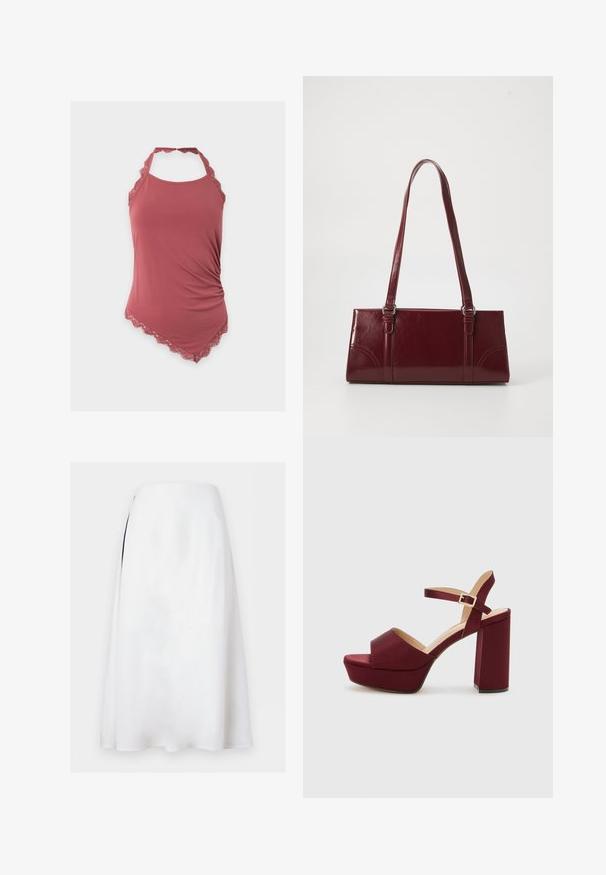 Ærmeløs pink halternecktop med blondedetaljer, rynket side og asymmetrisk kant, vist på ensfarvet hvid baggrund.; Hvid A-line midi-nederdel med høj talje og subtil sidespalte på ensfarvet baggrund.; Bordeaux platformsandaler med åben tå, tykk blokhæl, ankelsnor og satinfinish. Har et crossover frontdesign.; Bordeaux håndtaske lavet af glansfuldt materiale, rektangulær form, med to skulderremme og subtile buede detaljer på forsiden.