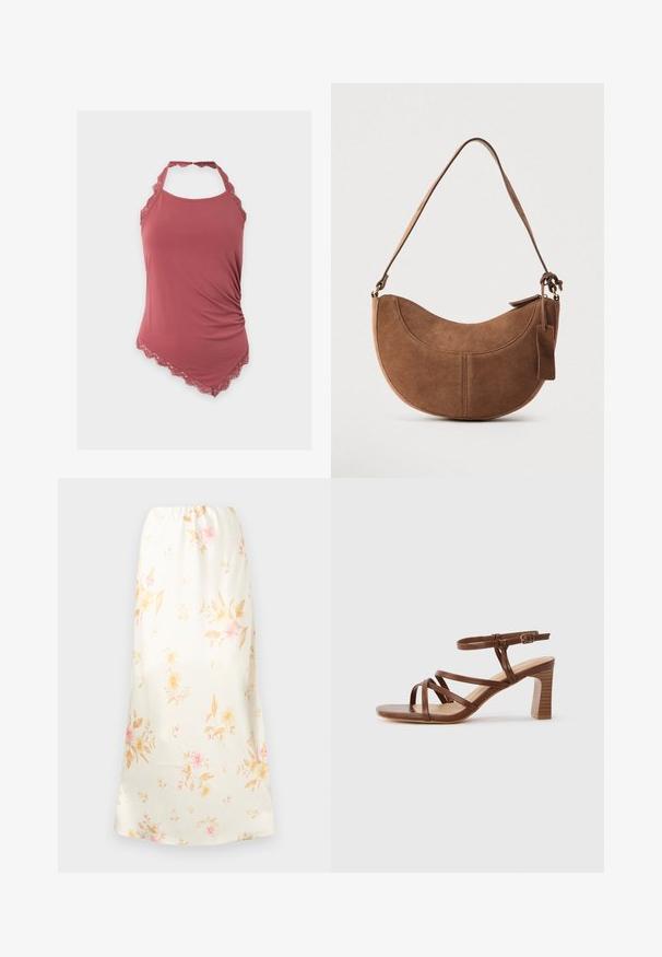 Top rose sans manches à col halter, orné de dentelle, côté froncé et ourlet asymétrique, présenté sur un fond blanc uni.; Jupe midi couleur crème avec imprimé floral rose pâle et beige, dotée d'une taille élastique et d'un tissu lisse et fluide.; Sandale en cuir marron à lanières avec un talon bloc et une boucle de cheville réglable sur un fond clair uni.; Sac à main en daim marron de forme courbée en demi-lune. Il est doté d'une bandoulière, d'une petite étiquette et de coutures visibles le long des bords.