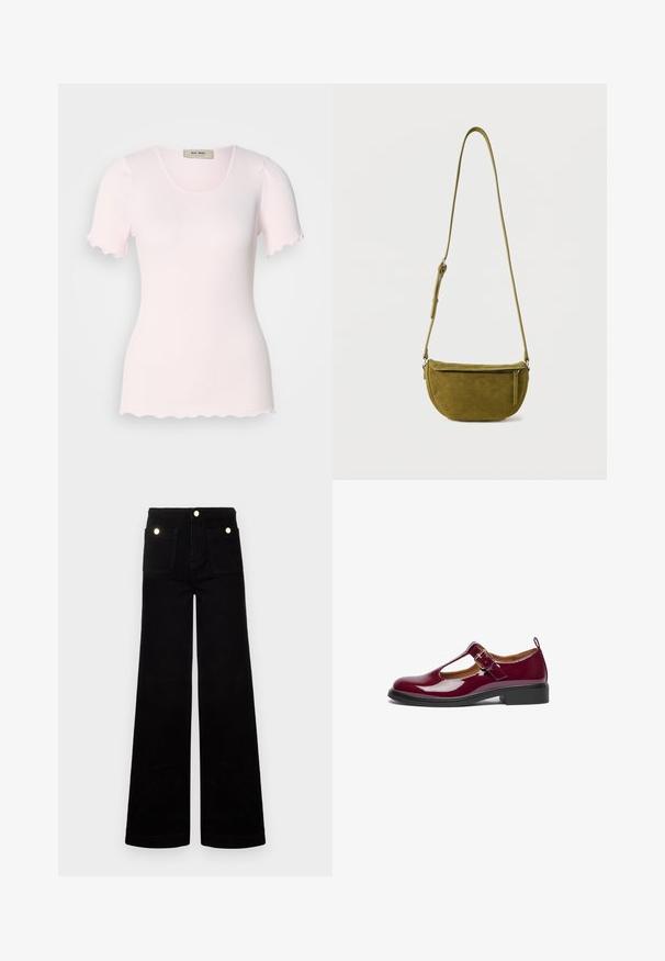 Lichtroze geribde t-shirt met een ronde halslijn en korte mouwen met scalloped randen. Gemaakt van rekbare stof voor extra comfort.; Zwarte flared jeans van denim, met een hoge taille, twee voorzakken en accenten in goudkleurig metaal. Soepele textuur, wijduitlopende pijpen.; Bordeaux patentleren Mary Jane-schoen met een ronde neus, T-band, verstelbare gesp en lage blokhak. Zachtere textuur en eenvoudig ontwerp.; Olijfgroene suède schoudertas met verstelbare riem en ritssluiting aan de voorkant op een effen witte achtergrond.