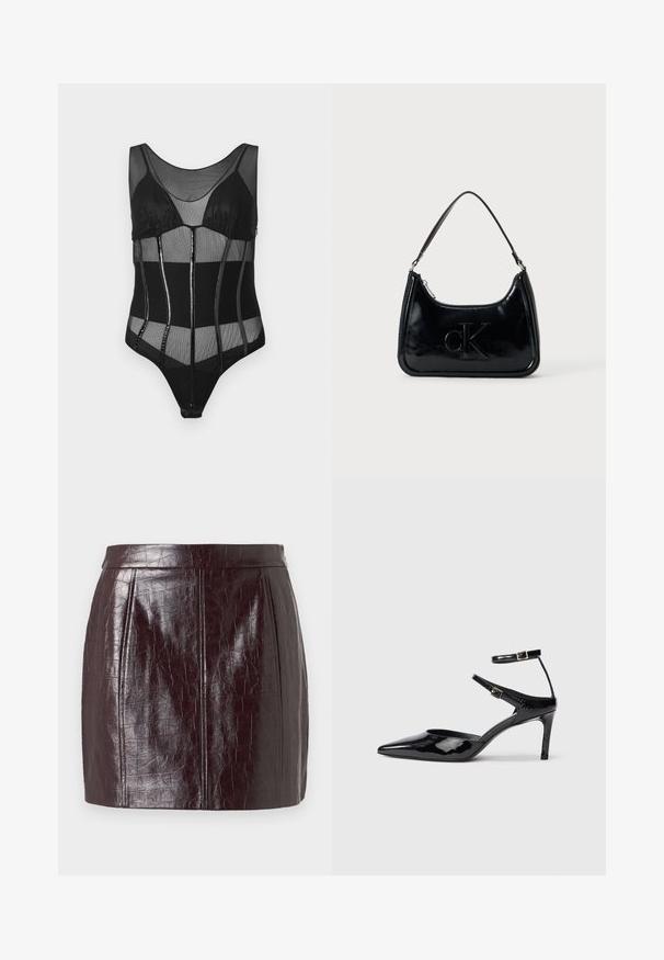 Schwarzer Bodysuit mit Mesh-Stoff, strukturierten Cups, vertikalen Paneelen mit glänzenden Akzenten und einem runden Ausschnitt.; Burgunderrote Kunstlederrock mit strukturiertem Krokodilmuster, mit hoher Taille und zwei vertikalen Nähten für zusätzliche Formgebung.; Schwarze Lacklederabsätze mit spitzer Zehenpartie, verstellbaren Knöchelriemen und einem schlanken Absatz. Glatte Textur mit glänzender Oberfläche.; Schwarze Handtasche aus patentiertem Leder mit einem gebogenen oberen Griff, Reißverschluss und geprägt "cK" Logo auf der Vorderseite. Glatte Textur, strukturierte Form.