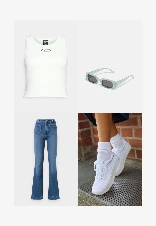 Hvid ribbet crop tank top med rund halsudskæring og sort "Von Dutch" logo i midten. Lavet af strækbart bomuldsblandingsstof.; Bredde blå jeans lavet af denim med mellemhøj talje, der har to baglommer og en ren søm. Glat tekstur og klassisk design.; Hvide lærreds sneakers med gummisåler, der har seks snørehuller, rund tå og let sømdetaljer, krydret med hvide ankelstrømper.; Et par rektangulære solbriller med lyseblå gennemsigtige stel og mørkegrå linser, der har lige templer og minimale hardware detaljer.