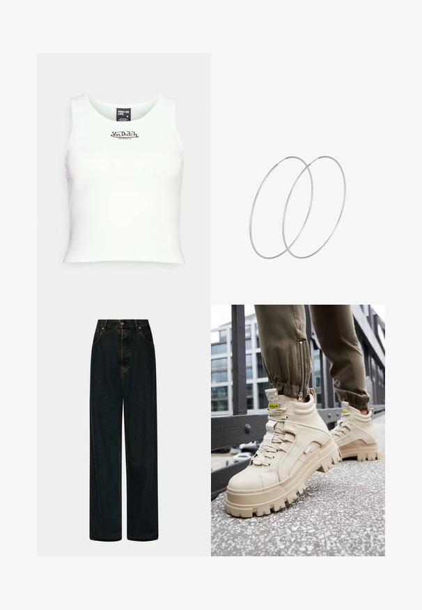 Biely rebrovaný crop top s okrúhlym výstrihom a čiernym logom "Von Dutch" na strede. Vyrobený z elastickej zmesi bavlny.; Tmavomodré riflové nohavice s vysokým pásom a širokými nohami, so zapínaním na prednom gombíku a zips, pútka na opasok a predné vrecká.; Béžové vysoké tenisky s masívnou, textúrovanou podrážkou, šnúrkovým zapínaním a žltými akcentmi. Textúrovaný kožený zvršok s kontrastným šitím.; Strieborné kruhové náušnice s minimalistickým dizajnom. Cirkulárny tvar, hladký povrch a tenký profil. Ľahké s lesklým povrchom.