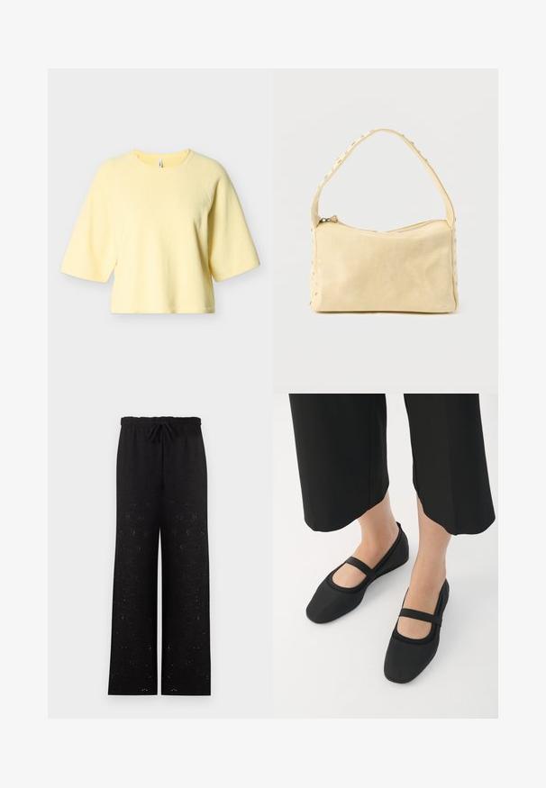 Gul cropped sweater med korte raglanærmer, lavet af blødt stof, med ribbet halsudskæring og kant. Enkel design uden mønstre eller accenter.; Sorte bukser med vide ben, elastisk talje og snøre, med et diskret hulmønster med blomster over det hele.; Sorte flade sko lavet af glat materiale, med rund tå og en kontrastfuld rem over vristen. Flad sål, minimalistisk design.; Lille beige læderhåndtaske med en enkelt rem og sølvnitter langs kanterne og remmen, sat mod en ensfarvet baggrund.