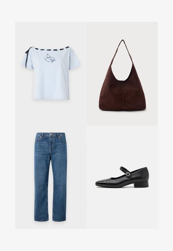 T-shirt bleu clair à manches courtes avec design épaules dénudées, accents en ruban de satin noir et graphique brodé "Été 98". Matière en coton doux.; Jean en denim bleu avec une coupe droite et une taille haute. Les caractéristiques incluent des poches avant, une fermeture à bouton et des détails de couture subtils.; Chaussures Mary Jane en cuir noir avec un embout en vernis, une sangle cheville réglable et un petit talon carré. Texture lisse et design élégant.; Sac hobo en daim marron avec une grande ouverture courbée et une large bandoulière. Présente une couture centrée à l'avant. Texture lisse.