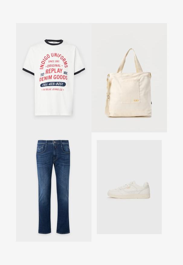 Hvid bomuld T-shirt med marineblå krave og ærmekanter, med rød og blå grafisk tekst, herunder "INDIGO UNIFORMS" og "RING 423-9251."; Mørkeblå straight-leg jeans med forreste knap, lynlås og design med fem lommer.; Hvide lædersneakers med en glat overflade, der har perforerede detaljer, snørebånd fortil og et diskret logo i guld nær siden.; Kremfarvet lærredstote-taske med frontlomme, to håndtag, justerbar skulderrem og lille gul "O.N.S" tekst i nederste højre hjørne af lommen.