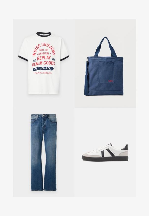 T-shirt en coton blanc avec col et poignets bleu marine, présentant un texte graphique rouge et bleu, incluant "INDIGO UNIFORMS" et "APPELEZ LE 423-9251".; Jean en denim bleu clair avec une coupe droite, comportant cinq poches, une fermeture à boutons, et un léger effet délavé sur le tissu.; Baskets blanches avec des accents noirs et gris, présentant un embout texturé gris, une semelle en caoutchouc noir et des lacets plats blancs. Design épuré, style minimaliste.; Sac fourre-tout en toile bleue avec poche frontale et broderie rouge "O.N.S", doté de doubles poignées et d'une bandoulière réglable.