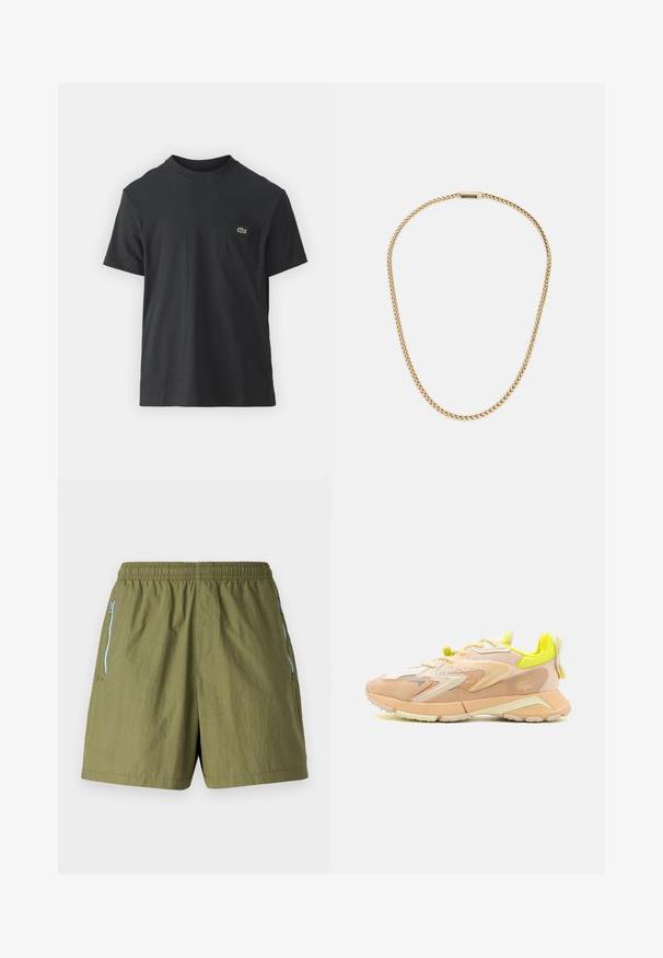 Schwarz Baumwoll-T-Shirt mit kurzen Ärmeln, rundem Ausschnitt und einem kleinen grünen Logo auf der linken Brusttasche. Einfaches Design, reguläre Passform.; Olivgrüne Shorts mit elastischem Bund, seitlichen Reißverschlusstaschen und einem leichten, strukturierten Stoff.; Sneaker mit einer leichten Oberseite aus Pfirsich- und Creme-Mesh, neon-gelben Akzenten, strukturiertem Wildleder und einer gepolsterten Sohle.; Goldfarbene Metallkette mit gedrehtem Design, glänzender Oberfläche und Schnappverschluss, hervorgehoben durch ein kleines Logotag.