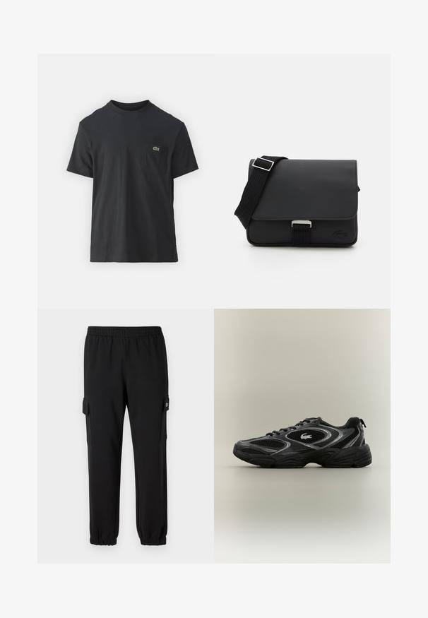 Sort bomulds t-shirt med korte ærmer, rund halsudskæring og et lille grønt logo på venstre brystlomme. Enkel design, normal pasform.; Sorte sweatpants med elastisk talje, indsnævrede manchetter og sidelommer. Fremstillet af blødt materiale med en glat tekstur.; Sort og grå atletisk sneaker med mesh-paneler, snørebåndsdesign, tyk sål og et lille krokodillelogo på siden.; Sort messenger taske lavet af struktureret materiale med klaplukning, justerbar rem og metalhardware. Har et logodetalje på fronten.