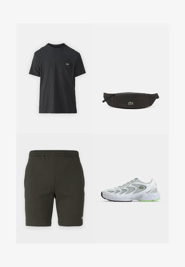 Schwarz Baumwoll-T-Shirt mit kurzen Ärmeln, rundem Ausschnitt und einem kleinen grünen Logo auf der linken Brusttasche. Einfaches Design, reguläre Passform.; Dunkelgrüne Shorts mit elastischem Bund aus weichem Stoff. Hat einen geraden Schnitt, hemmen die Beine und zeigt ein kleines Logo auf der unteren rechten Seite.; Weißer und grauer Sportschuh mit grünen Akzenten und Logo, Mesh-Einsätzen und einer dicken, gepolsterten Sohle, seitlich auf einfachem Hintergrund dargestellt.; Schwarze Nylon-Gürteltasche mit glatter Textur, Reißverschluss und kleinem grünen Lacoste-Krokodil-Logo auf der Vorderseite. Entwickelt für ein leichtes Tragegefühl.
