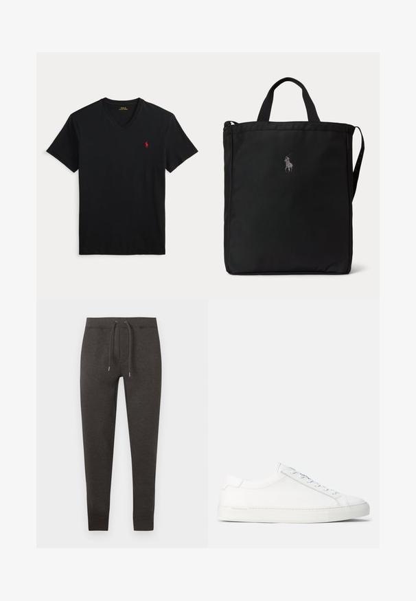 Schwarzes T-Shirt mit V-Ausschnitt und kurzen Ärmeln sowie kleinem rotem Polo Ralph Lauren Logo auf der linken Brust.; Dunkelgraue Jogginghose aus weichem Material, ausgestattet mit einem elastischen Bund mit Kordelzug, zulaufenden Beinen und Bündchen am Knöchel.; Weiße Leder-Sneaker mit glatter Textur, abgerundeter Form, flacher Gummisohle und weißen Schnürsenkeln. Verfügt über ein minimalistisches Design und dezente Markenkennzeichnung.; Schwarze rechteckige Tote-Tasche mit kurzen Griffen, einem langen Schulterriemen an der Seite und einem kleinen bestickten Polo-Spieler-Logo in der vorderen Mitte.