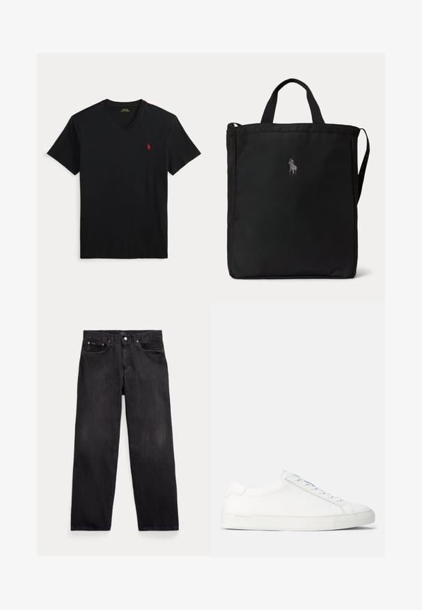 Μαύρο T-shirt με V λαιμόκοψη και κοντά μανίκια, με μικρό κόκκινο λογότυπο Polo Ralph Lauren στο αριστερό στήθος.; Μαύρα τζιν με ίσιο μπατζάκι, πέντε τσέπες, κλείσιμο με κουμπί και ορατές μεταλλικές καρφίτσες στις μπροστινές τσέπες.; Λευκά δερμάτινα αθλητικά παπούτσια με ομαλή υφή, στρογγυλό σχήμα, επίπεδη λαστιχένια σόλα και λευκές κορδόνες. Διαθέτουν μινιμαλιστικό σχεδιασμό και διακριτική σήμανση.; Μαύρη ορθογώνια τσάντα tote με κοντές λαβές, μακριά λουριά στο πλάι και μικρό κεντημένο λογότυπο παίκτη πόλο στο μπροστινό κέντρο.